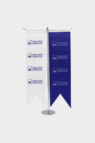 Logo Printed Swallowtail T-Shaped Desk Flag with chrome poles, 8 × 32 cm flags on a weighted base (1)