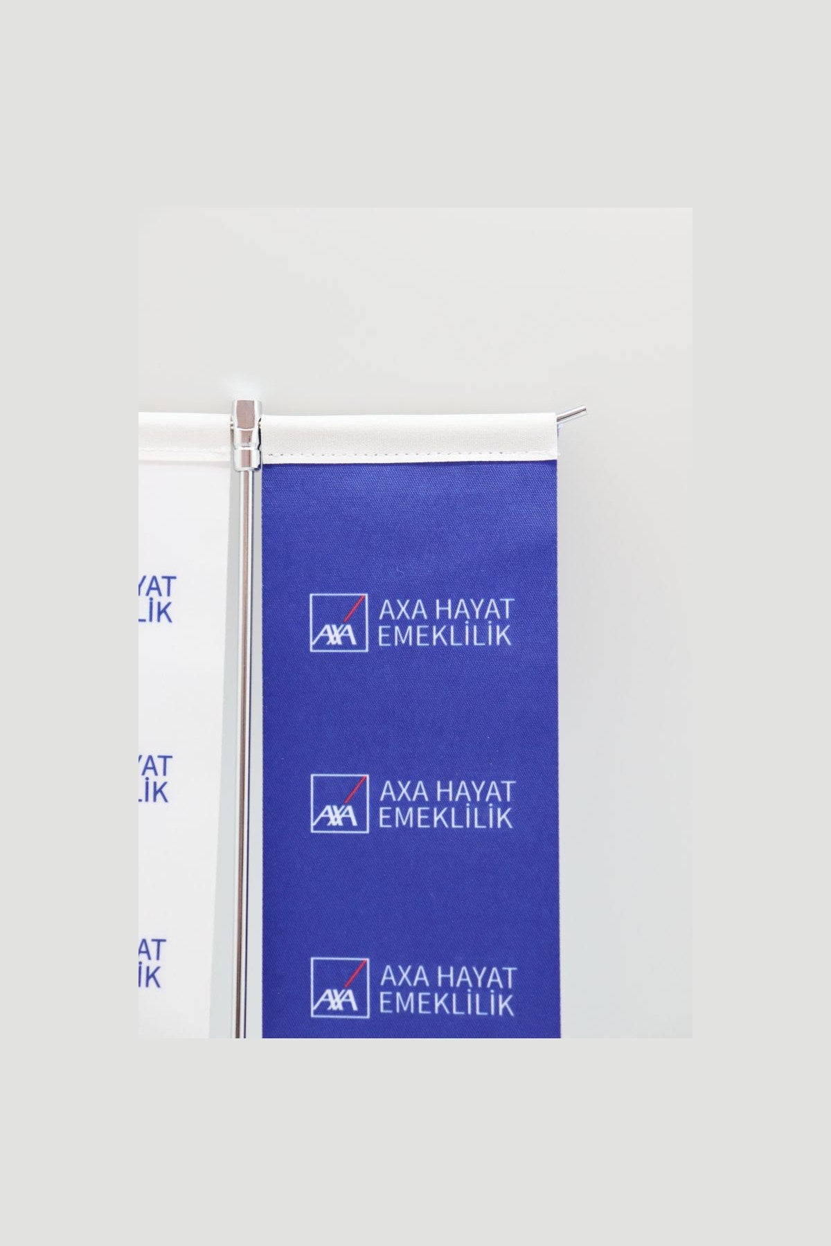 Logo Printed Swallowtail T-Shaped Desk Flag with chrome poles, 8 × 32 cm flags on a weighted base (2)