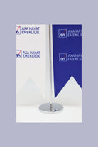 Logo Printed Swallowtail T-Shaped Desk Flag with chrome poles, 8 × 32 cm flags on a weighted base (4)