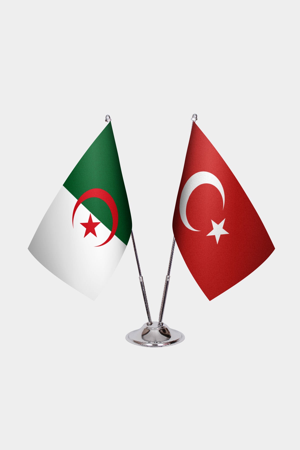 Algeria and Turkey desk flag set with chrome pole and base