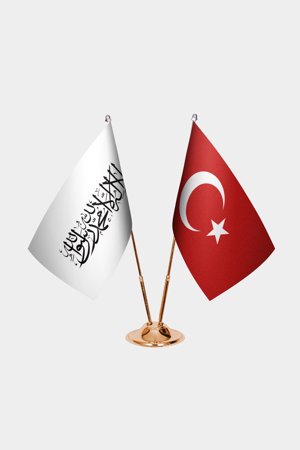 Afghanistan (New Flag) and Turkey desk flag set with gold pole and base