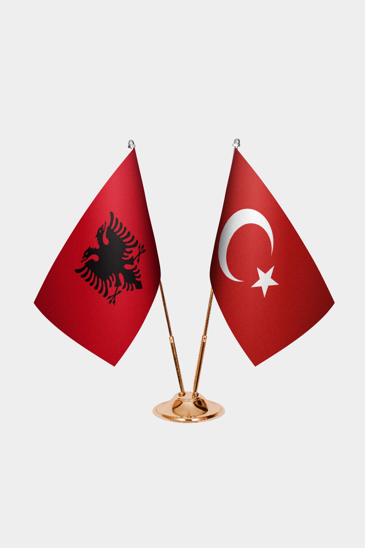Albania and Turkey desk flag set with gold pole and base