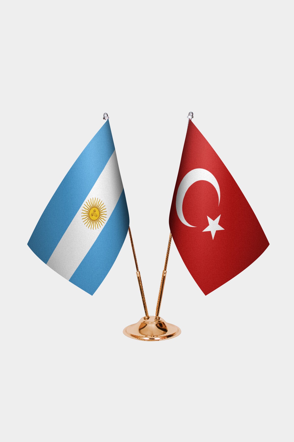 Argentina and Turkey desk flag set with gold pole and base
