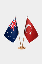 Australia and Turkey desk flag set with gold pole and base