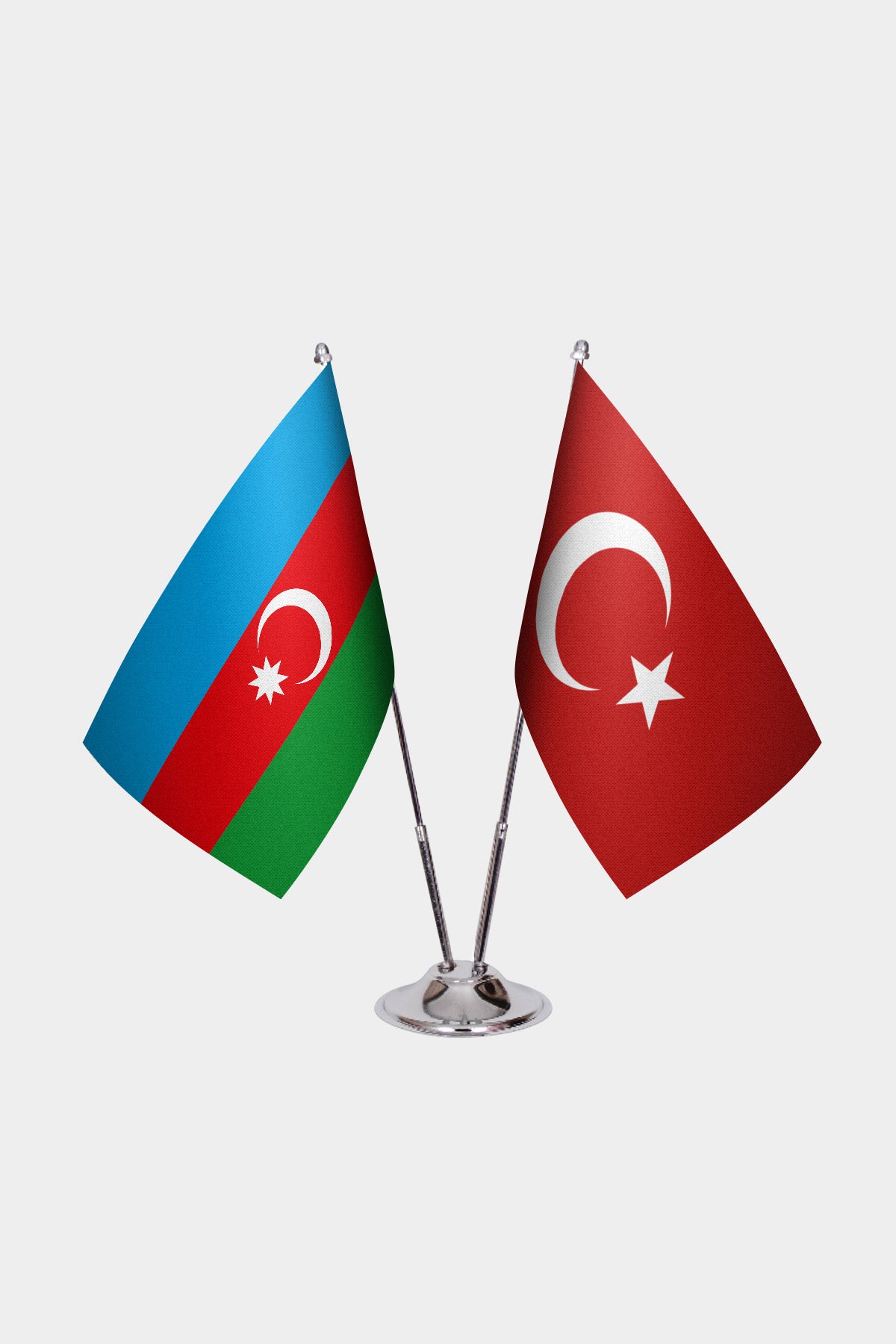 Azerbaijan and Turkey desk flag set with chrome pole and base