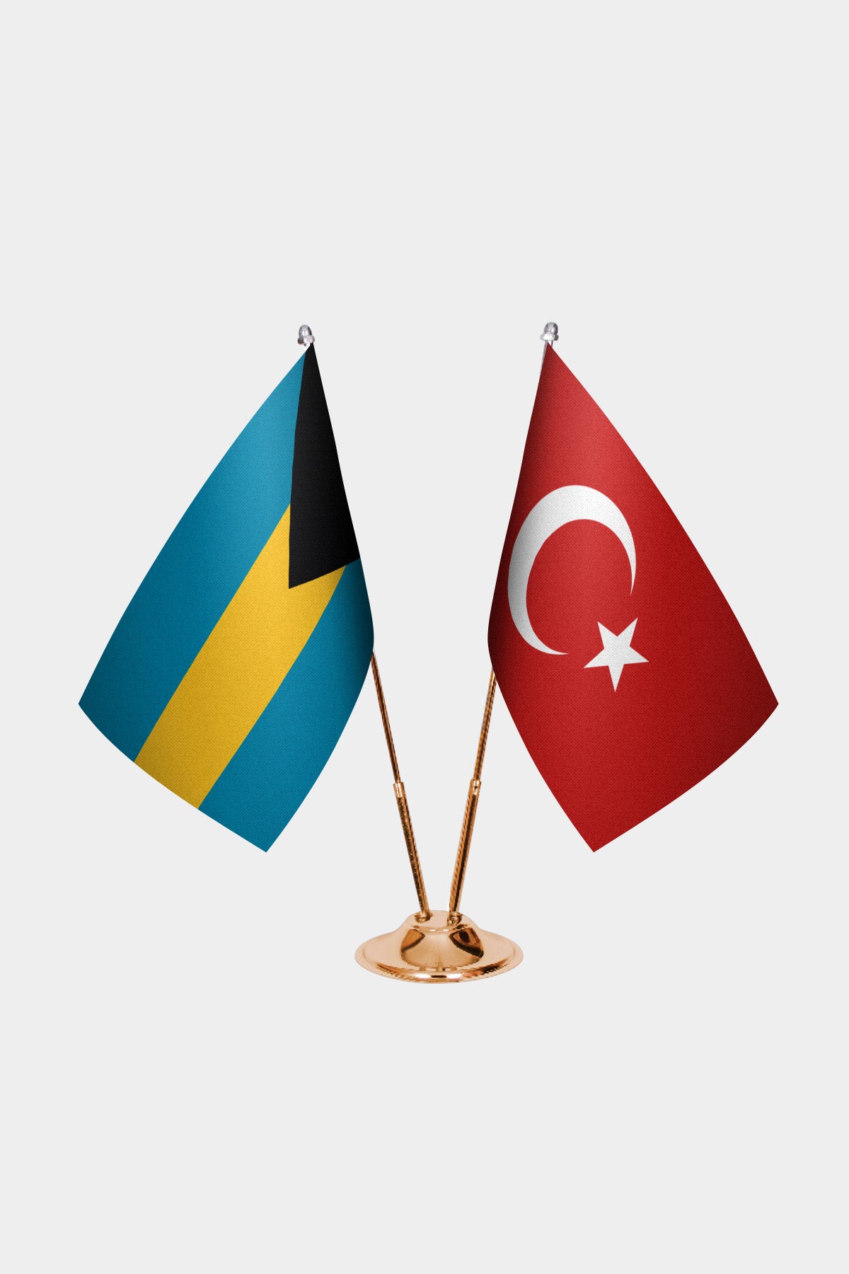 Bahamas and Turkey desk flag set with gold pole and base