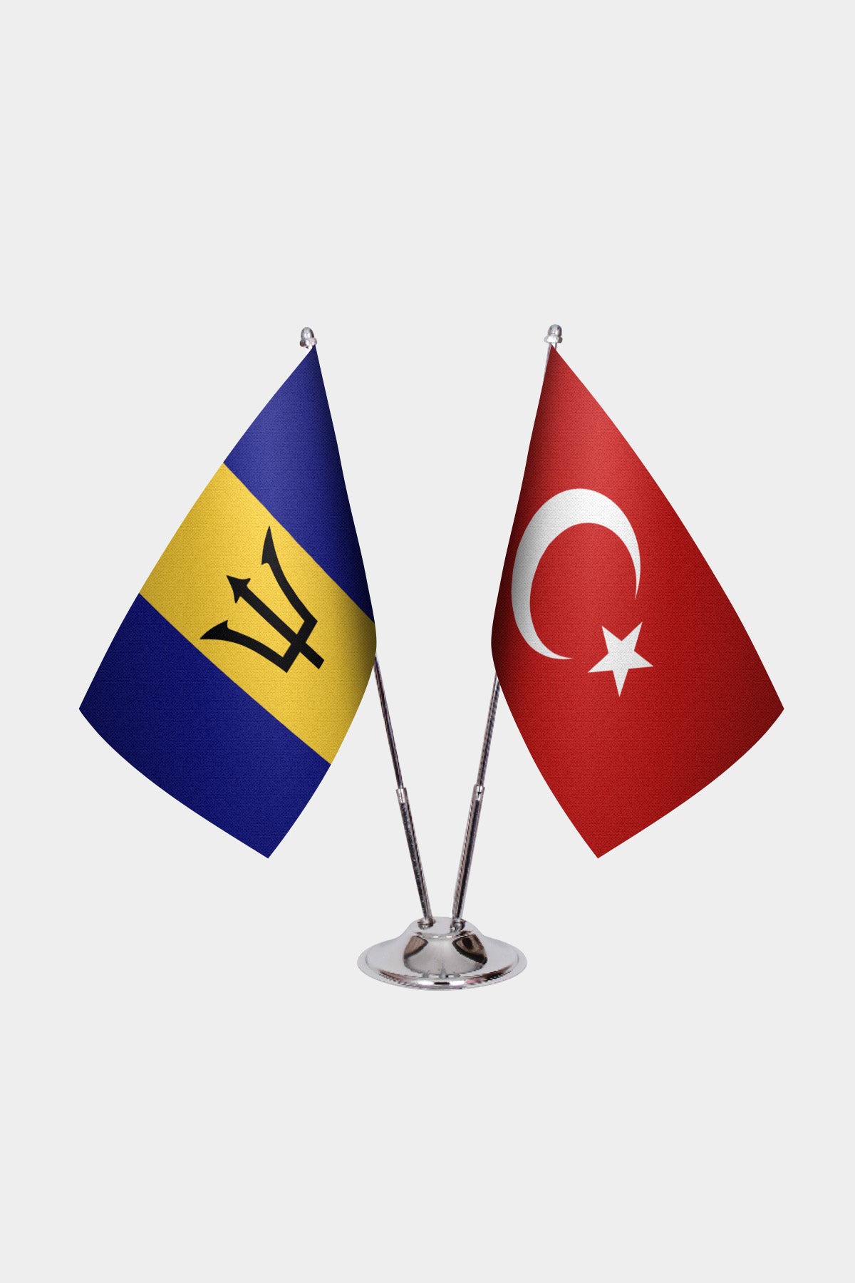 Barbados and Turkey desk flag set with chrome pole and base
