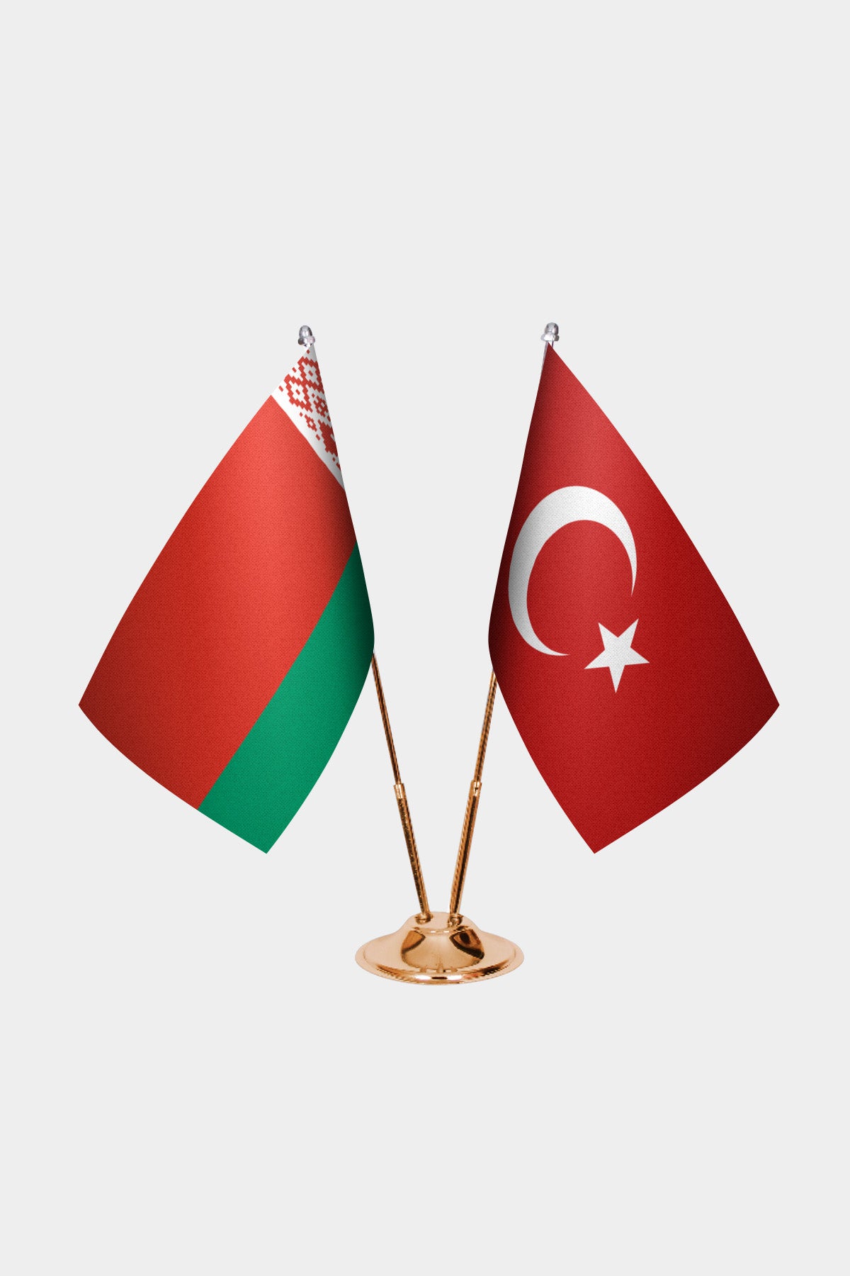 Belarus and Turkey desk flag set with gold pole and base