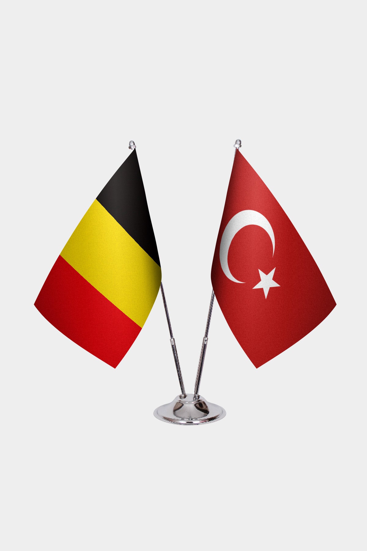 Belgium and Turkey desk flag set with chrome pole and base