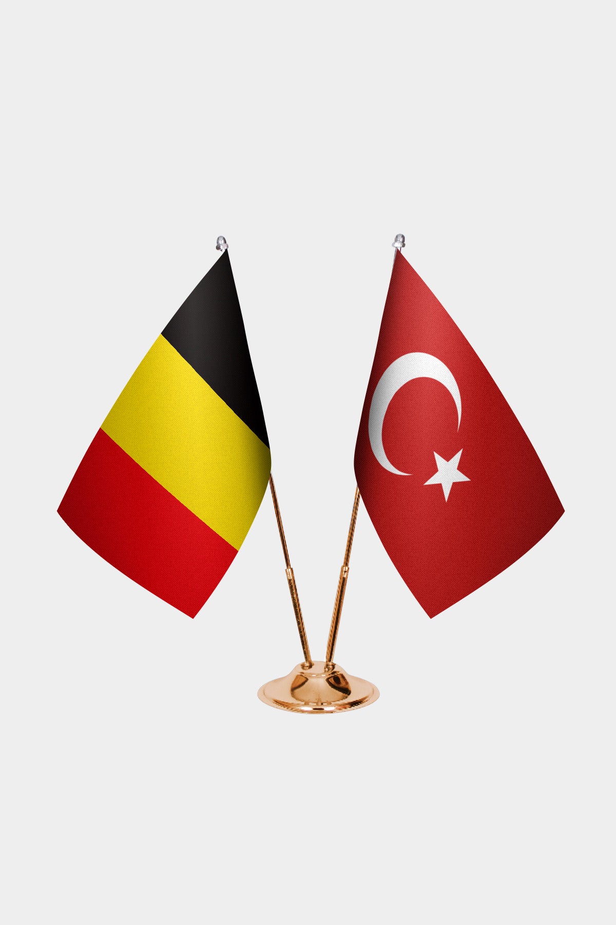 Belgium and Turkey desk flag set with gold pole and base