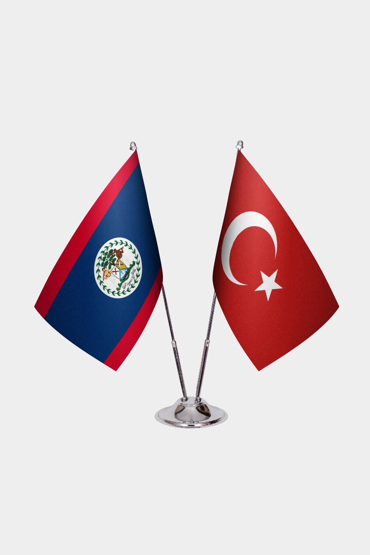 Belize and Turkey desk flag set with chrome pole and base