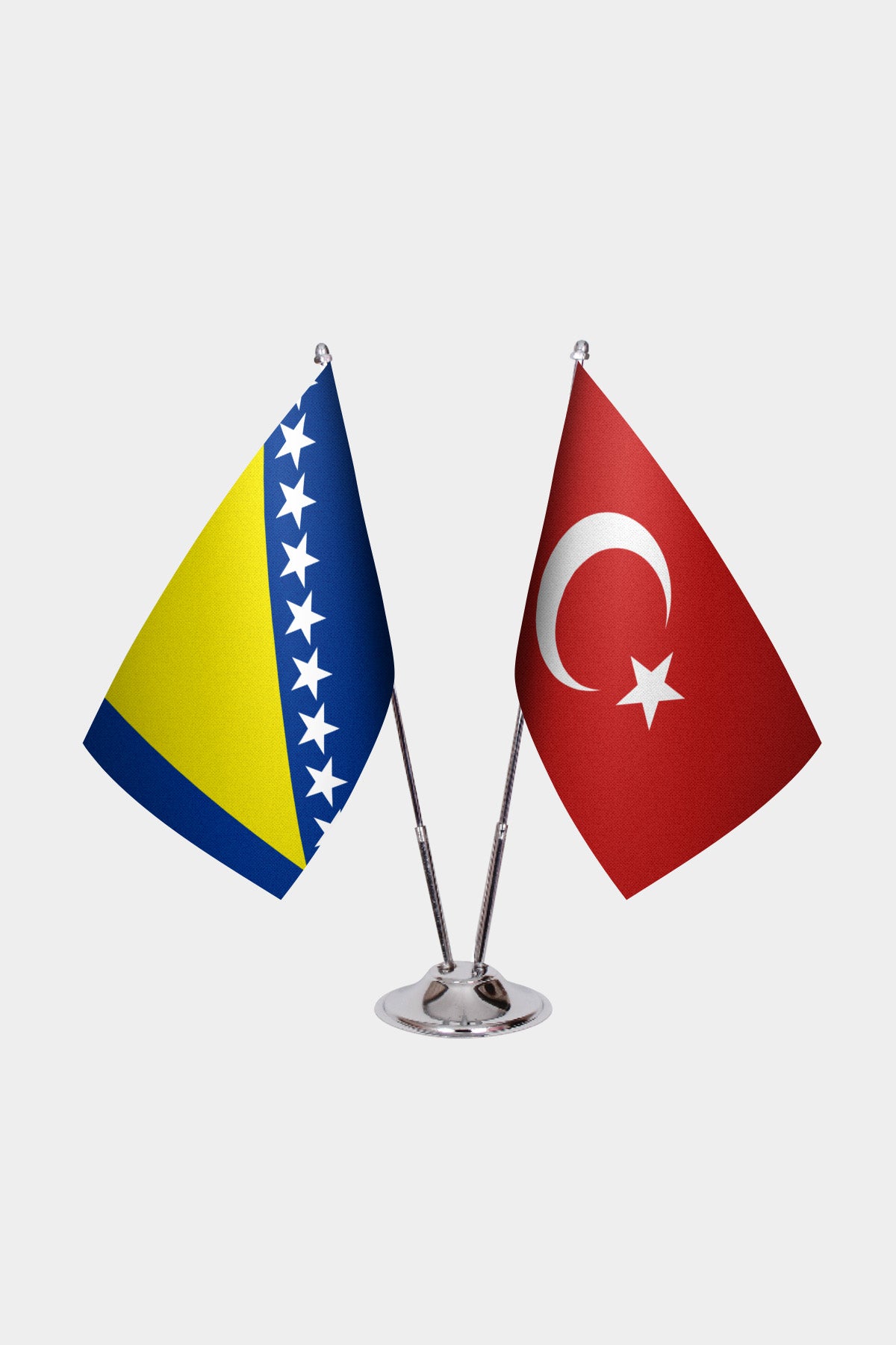 Bosnia and Herzegovina and Turkey desk flag set with chrome pole and base