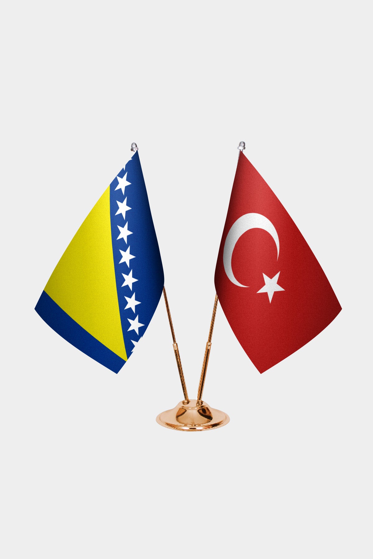 Bosnia and Herzegovina and Turkey desk flag set with gold pole and base