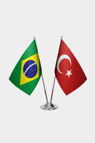 Brazil and Turkey desk flag set with chrome pole and base