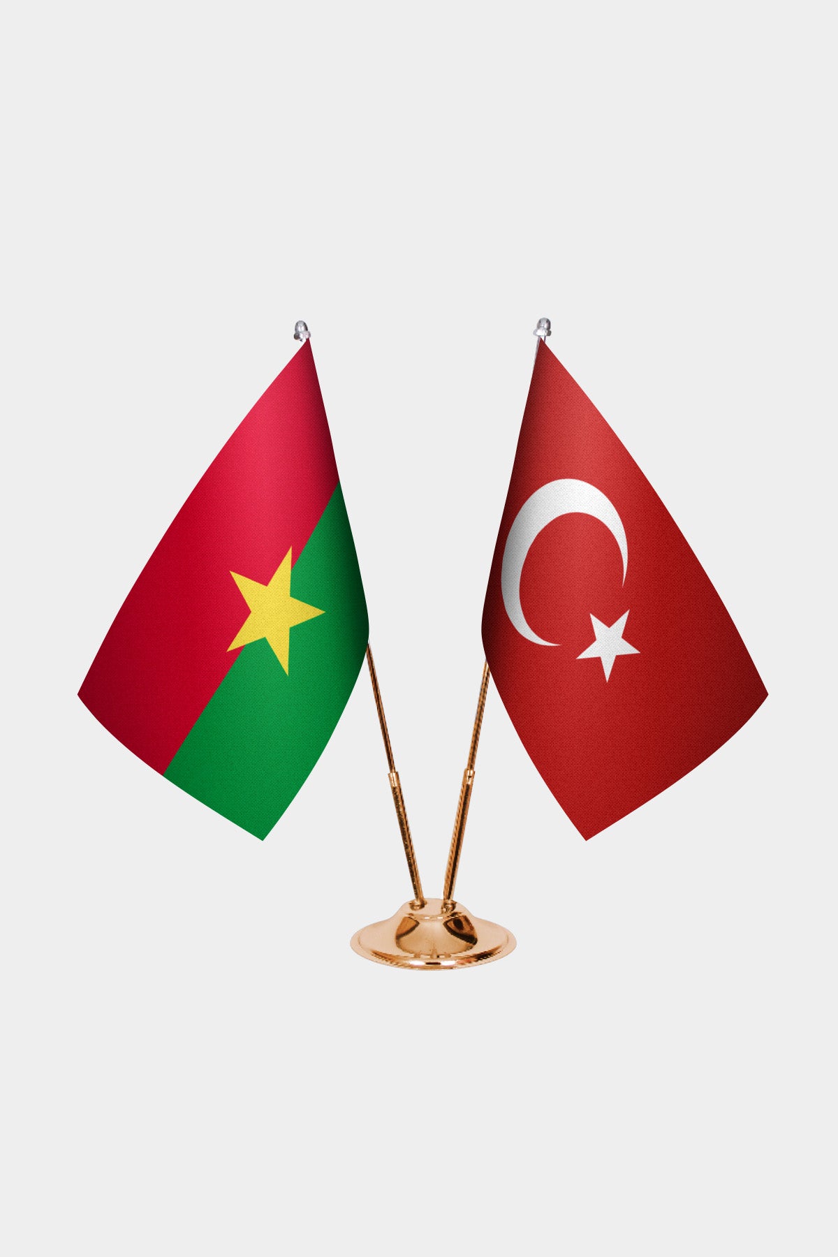 Burkina Faso and Turkey desk flag set with gold pole and base