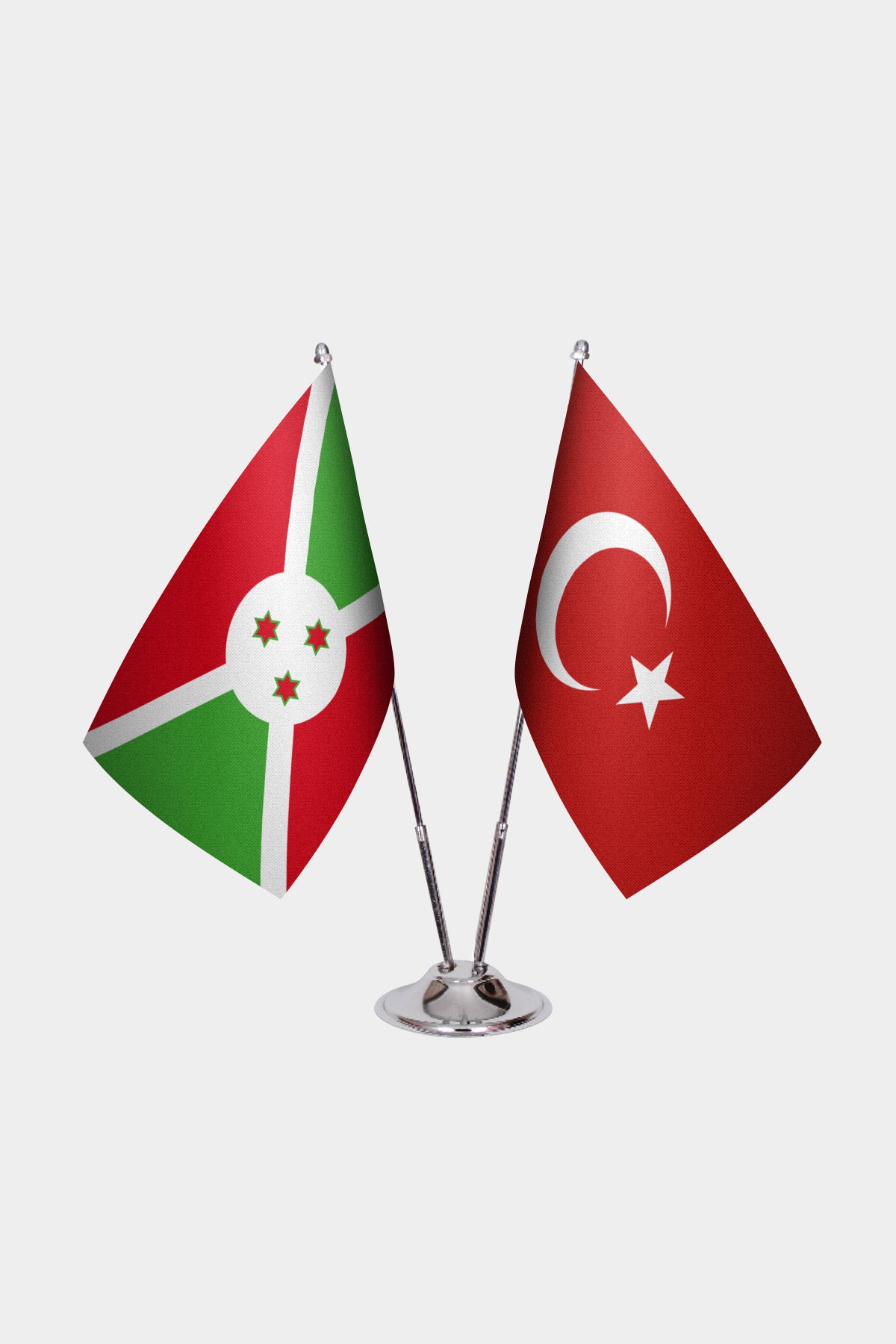 Burundi and Turkey desk flag set with chrome pole and base