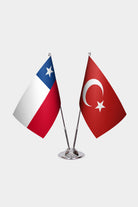 Chile and Turkey desk flag set with chrome pole and base