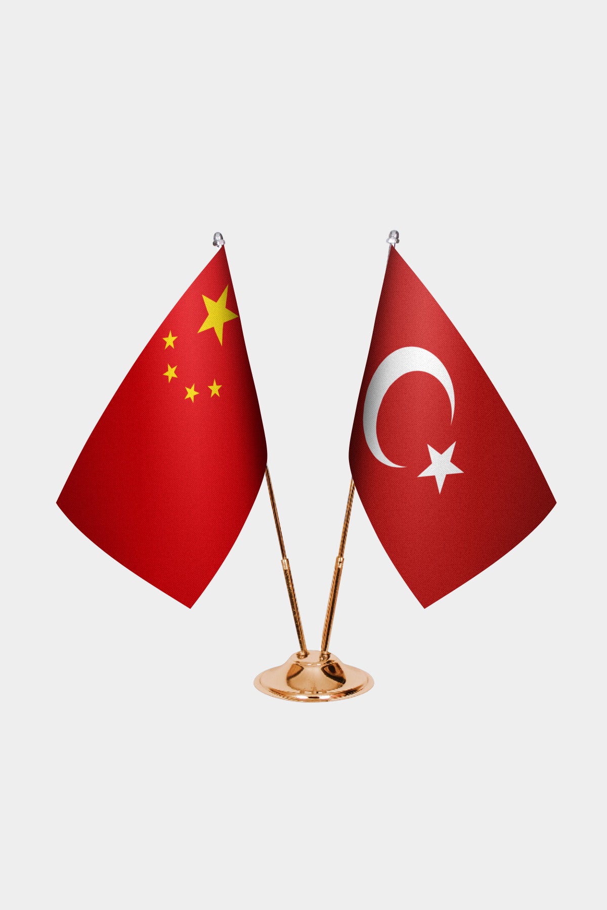 China and Turkey desk flag set with gold pole and base