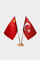 China and Turkey desk flag set with gold pole and base