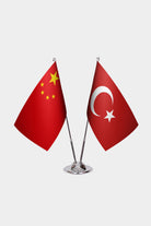 China and Turkey desk flag set with chrome pole and base