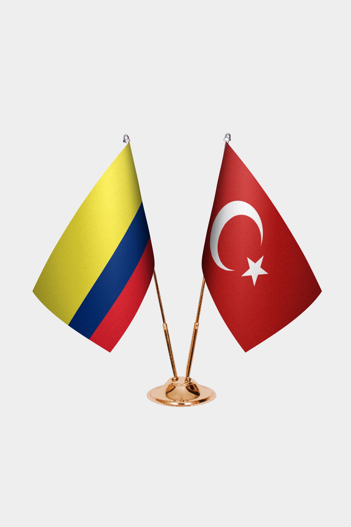Colombia and Turkey desk flag set with gold pole and base