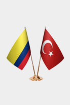 Colombia and Turkey desk flag set with gold pole and base