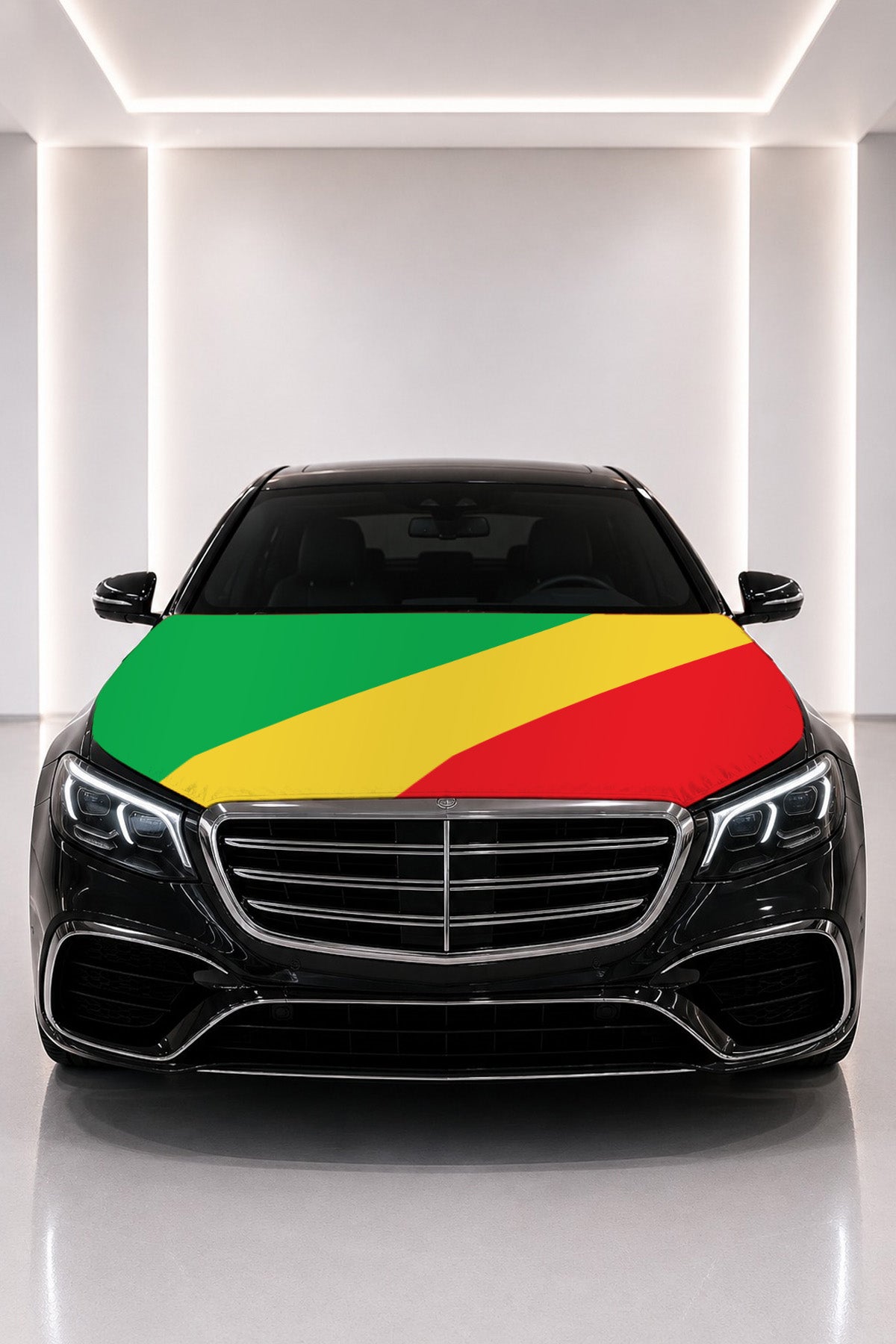 Congo flag car hood cover fitted on a black car bonnet