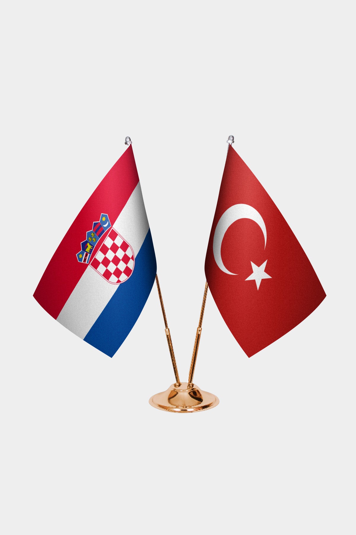 Croatia and Turkey desk flag set with gold pole and base