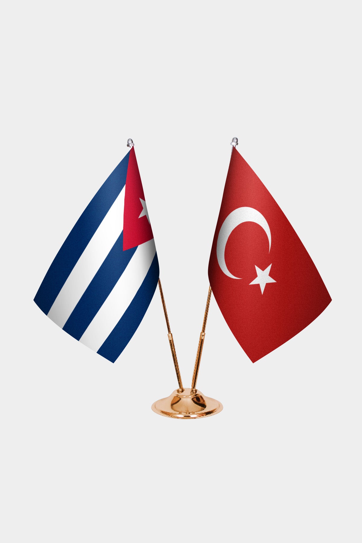 Cuba and Turkey desk flag set with gold pole and base