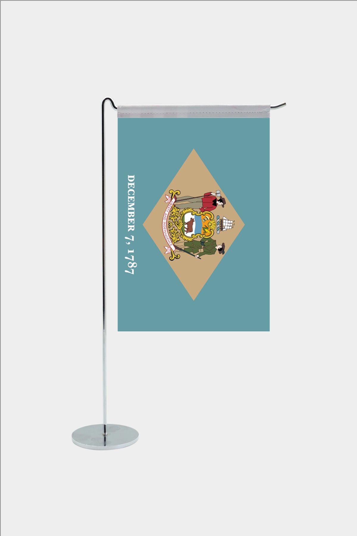 Delaware state desk flag with chrome L-shaped stand - premium double-layer satin office flag