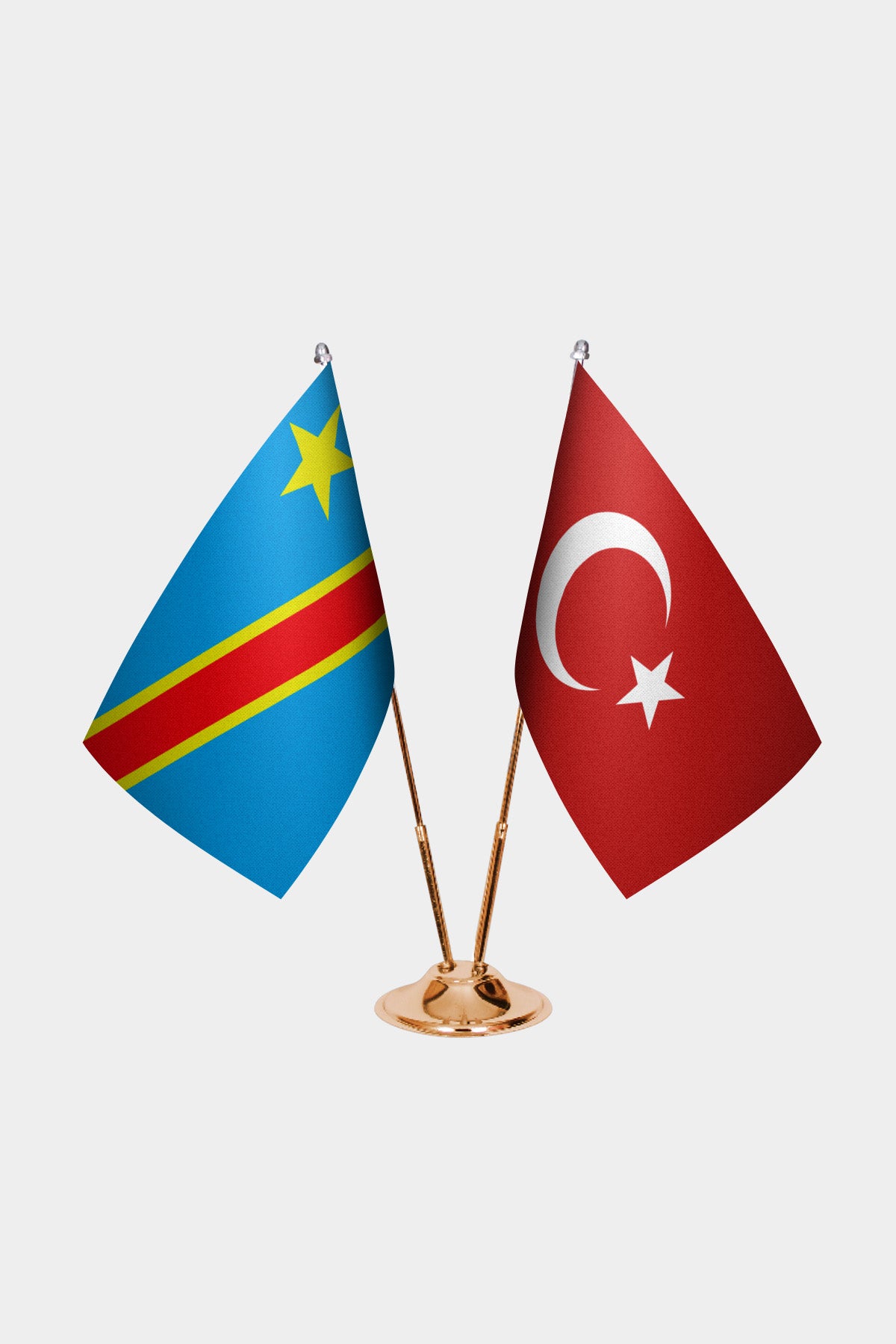 Congo - Kinshasa and Turkey desk flag set with gold pole and base