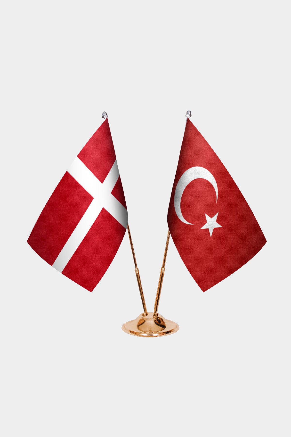 Denmark and Turkey desk flag set with gold pole and base