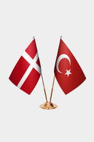 Denmark and Turkey desk flag set with gold pole and base