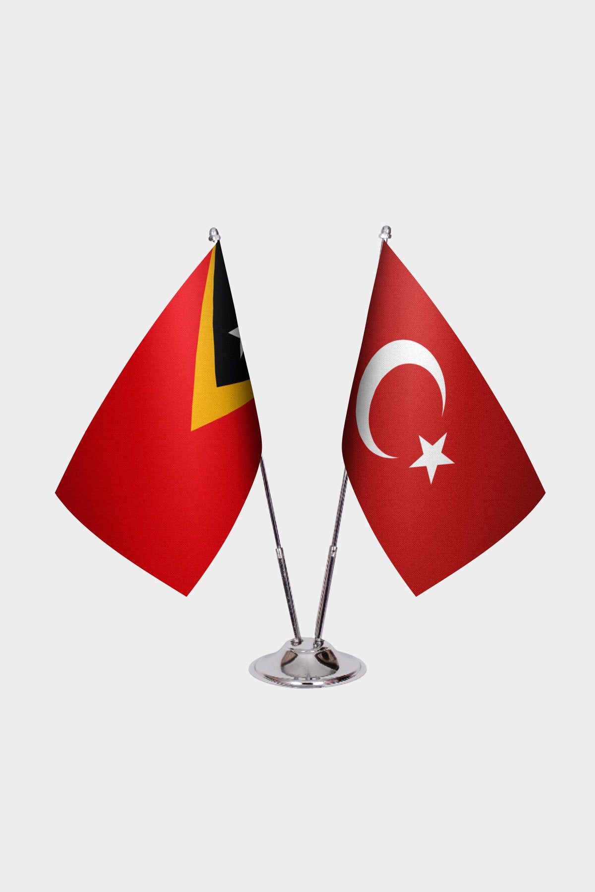 Timor-Leste and Turkey desk flag set with chrome pole and base