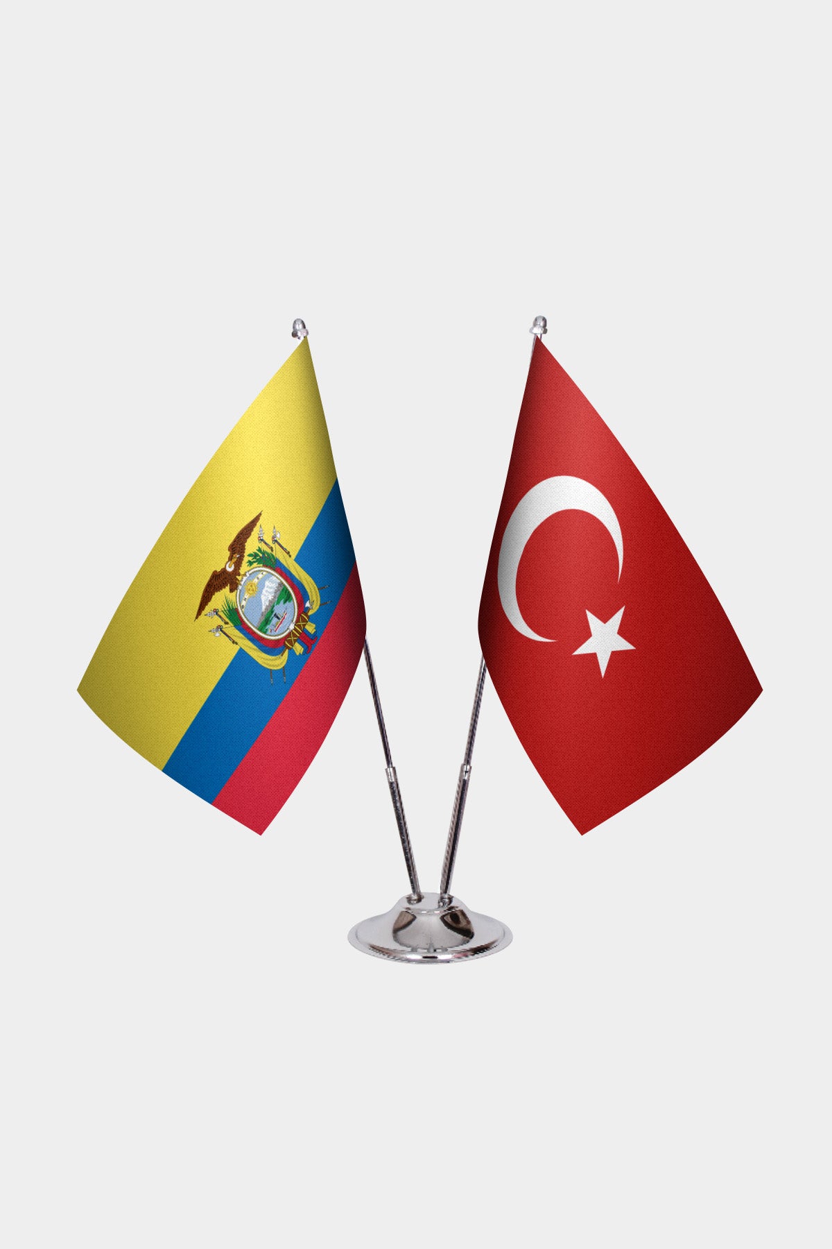 Ecuador and Turkey desk flag set with chrome pole and base