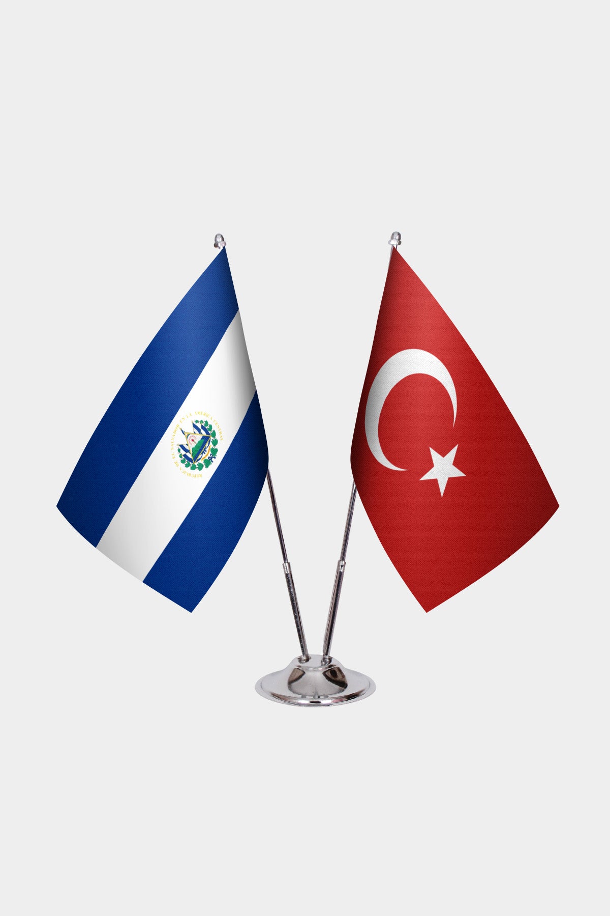 El Salvador and Turkey desk flag set with chrome pole and base