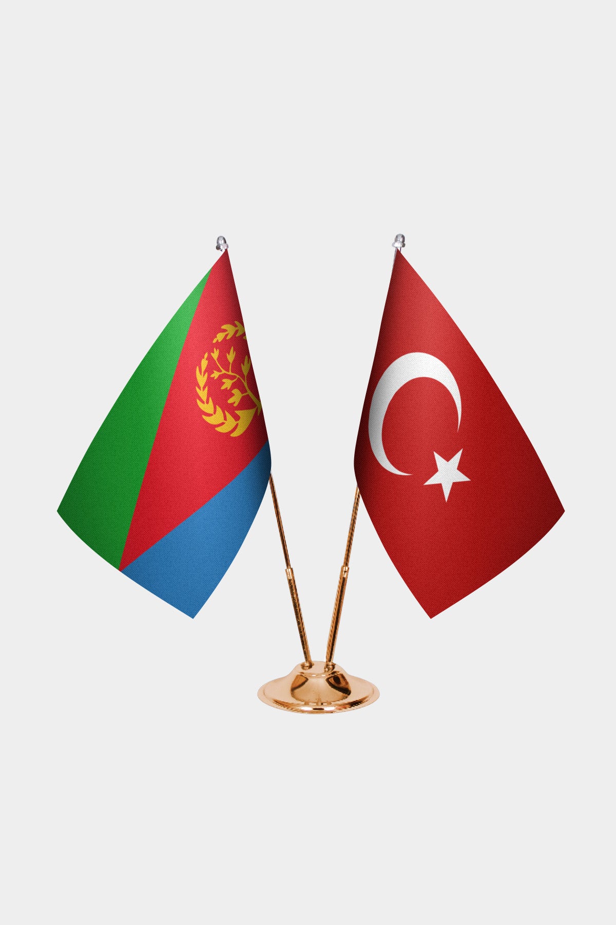 Eritrea and Turkey desk flag set with gold pole and base