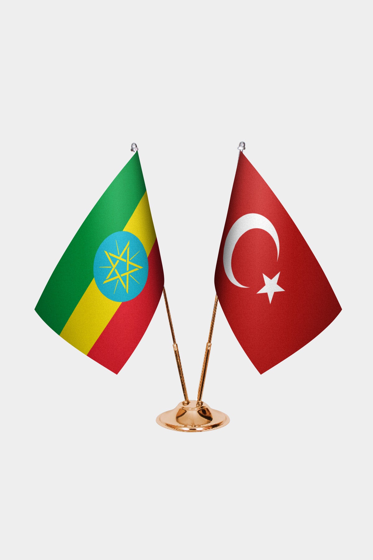 Ethiopia and Turkey desk flag set with gold pole and base