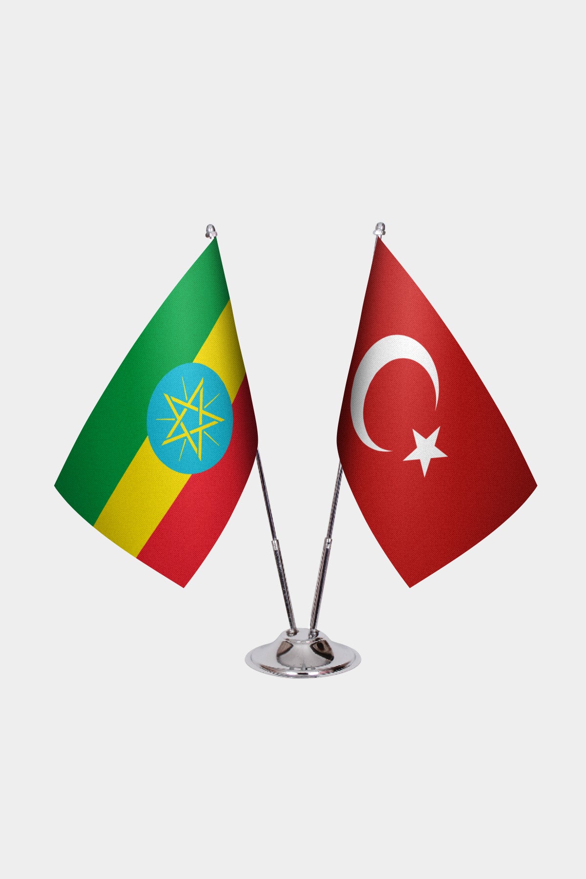 Ethiopia and Turkey desk flag set with chrome pole and base