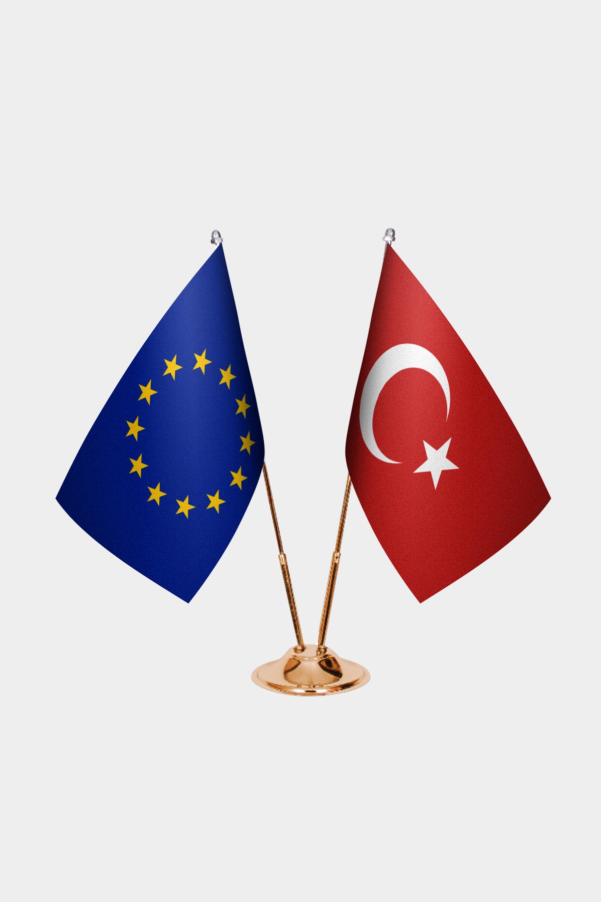 European Union and Turkey desk flag set with gold pole and base