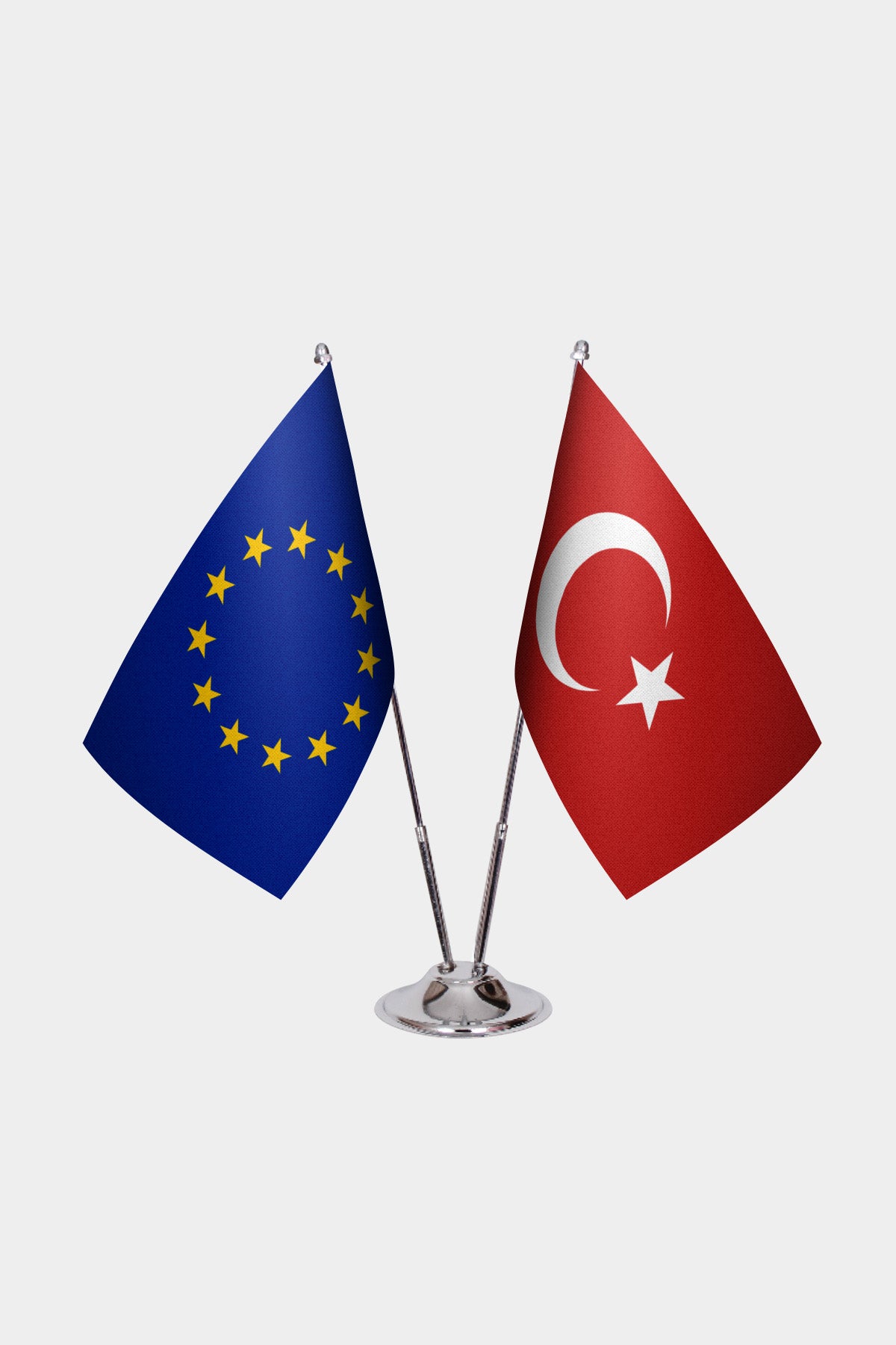 European Union and Turkey desk flag set with chrome pole and base