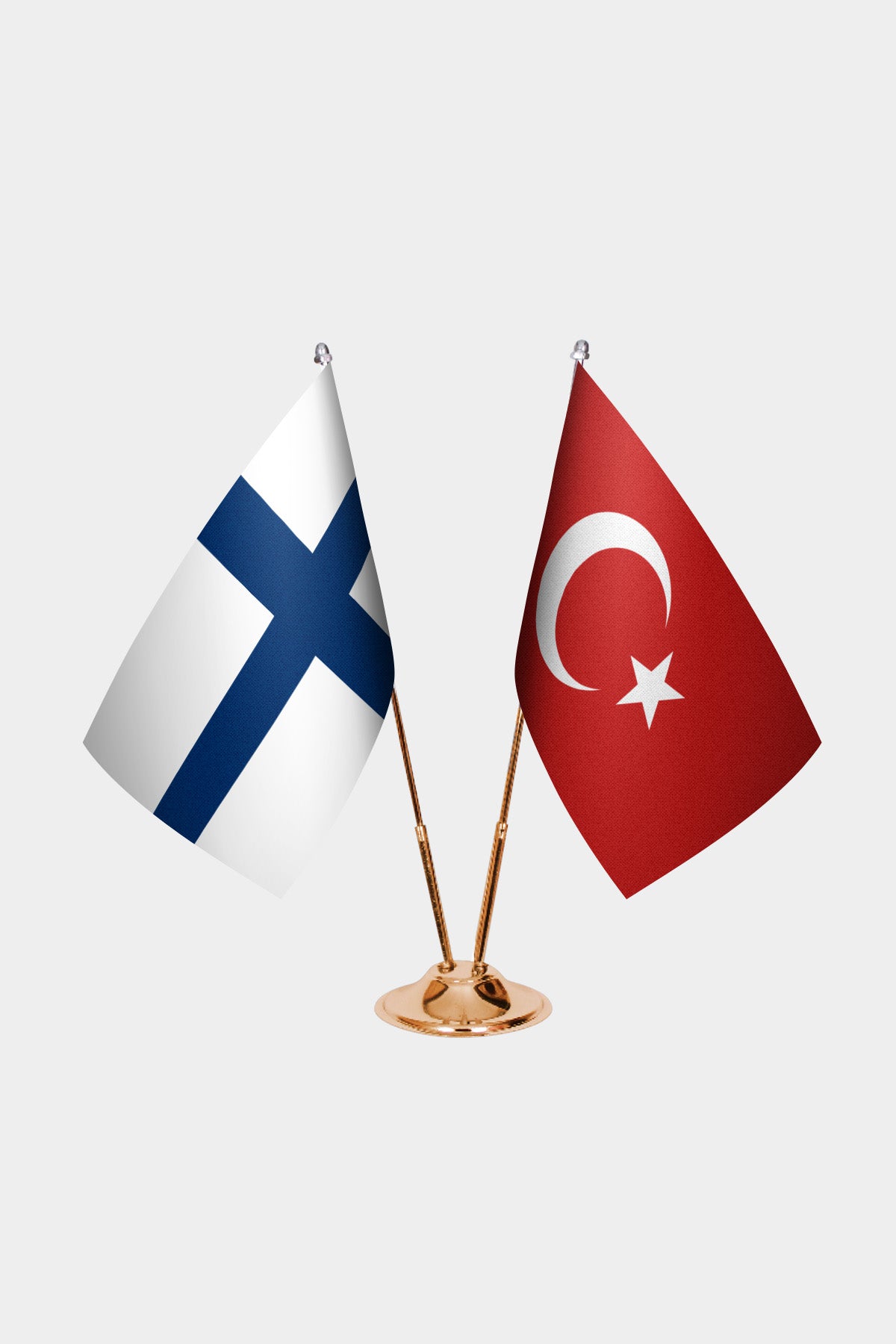 Finland and Turkey desk flag set with gold pole and base