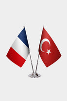 France and Turkey desk flag set with chrome pole and weighted base