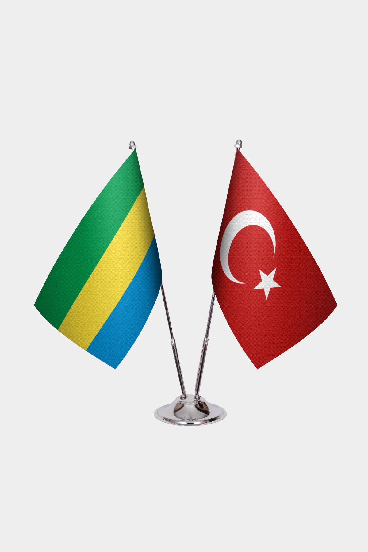 Gabon and Turkey desk flag set with chrome pole and base