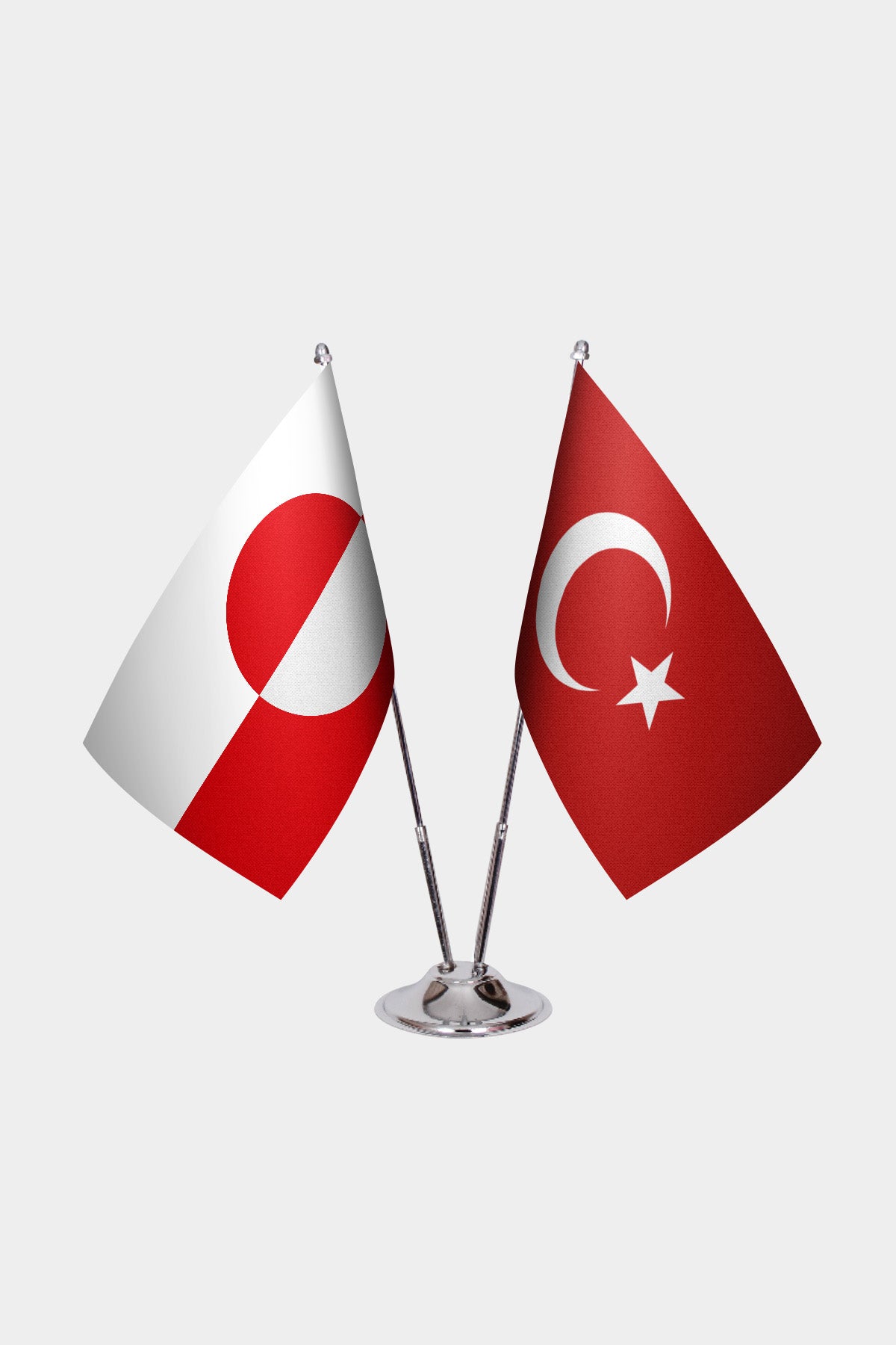 Greenland and Turkey desk flag set with chrome pole and base