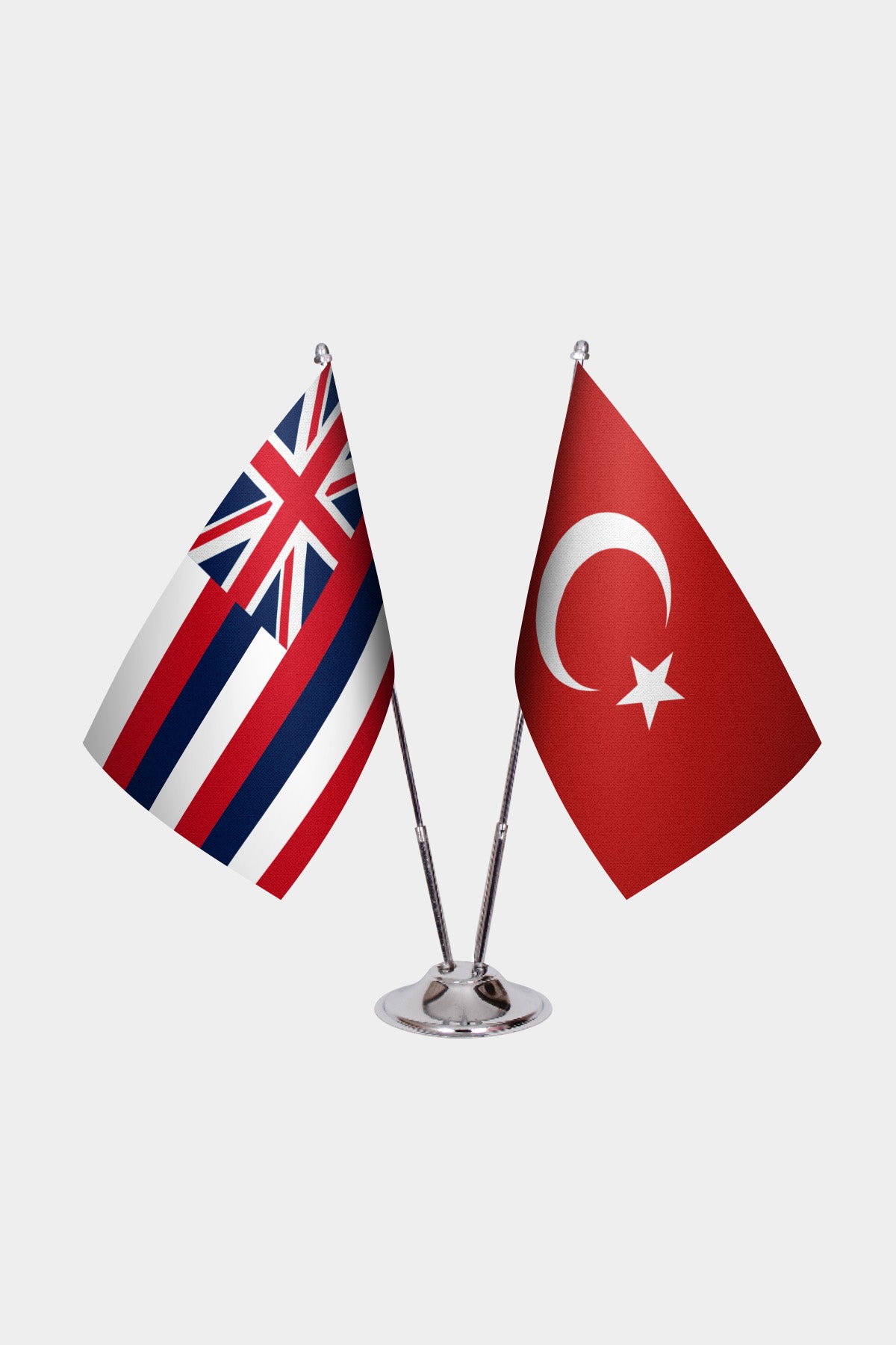 Hawaii and Turkey desk flag set with chrome pole and base