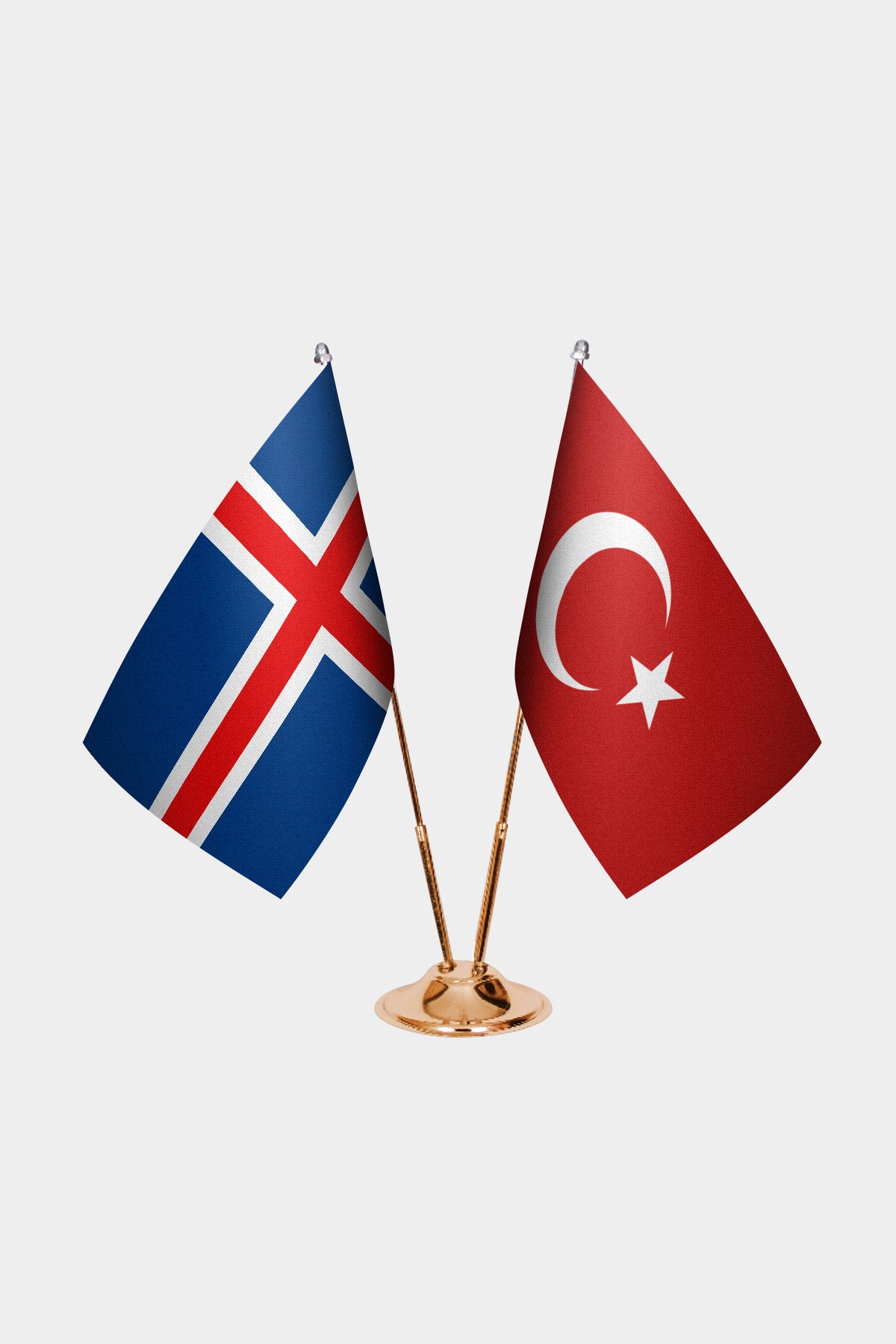 Iceland and Turkey desk flag set with gold pole and base