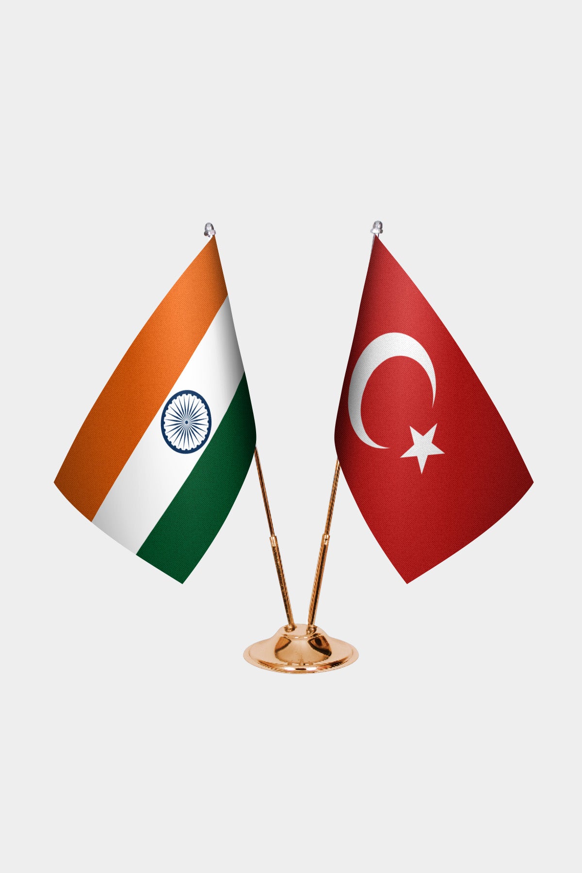 India and Turkey desk flag set with gold pole and base