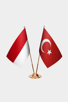 Indonesia and Turkey desk flag set with gold pole and base