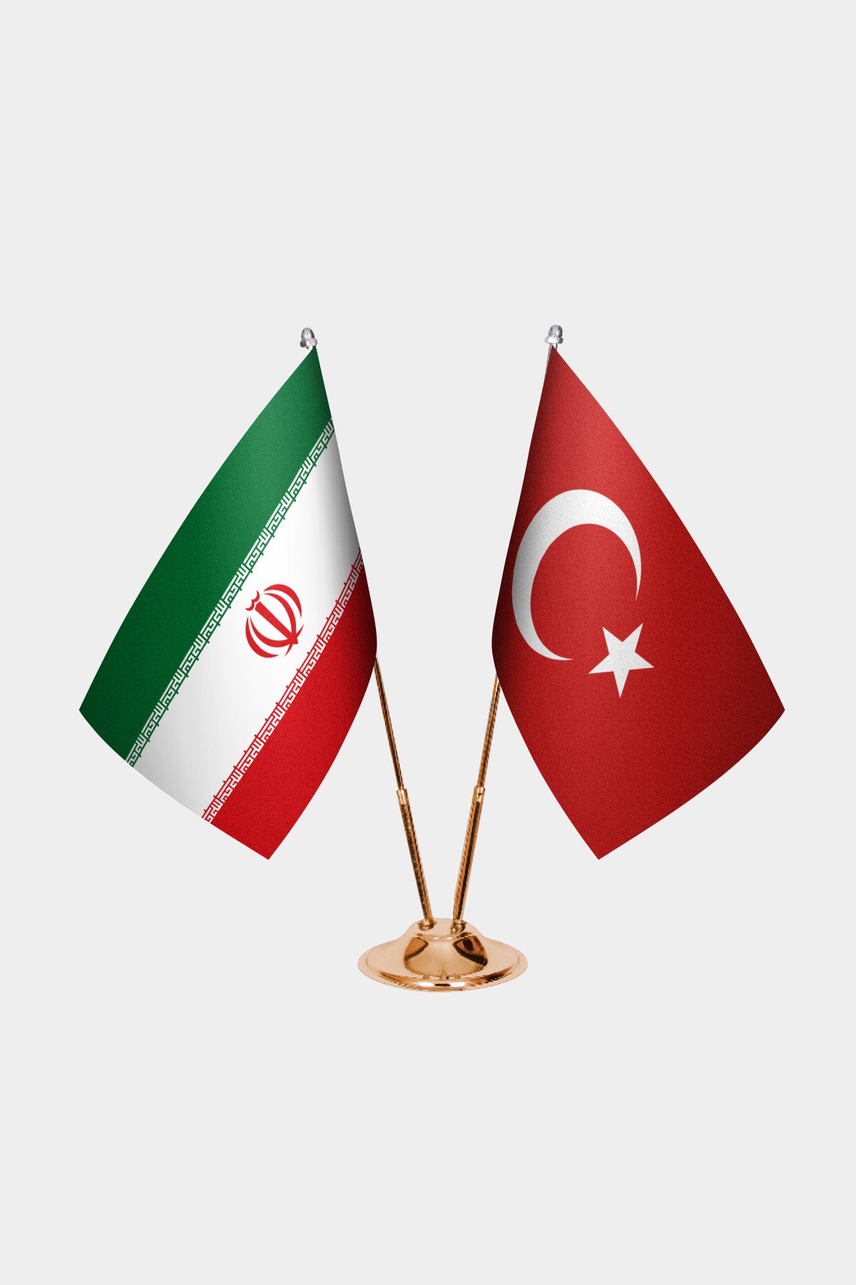 Iran and Turkey desk flag set with gold pole and base